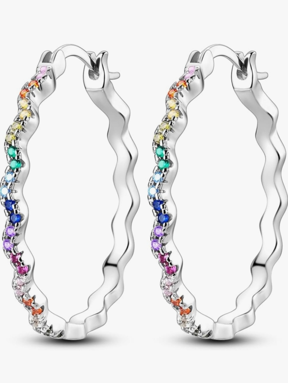 Macy's Sterling Silver Wavy Hoop Earrings with Rainbow Stones